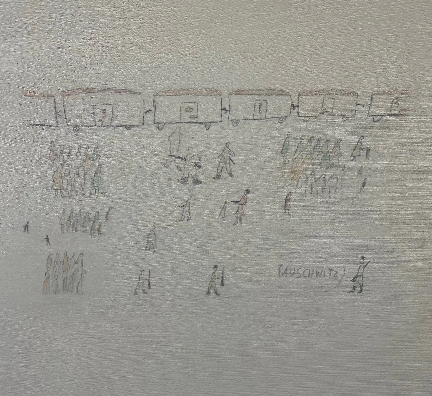 A childlike drawing depicts a train with connected cars, groups of people, and guards with rifles. The word "Auschwitz" is written nearby.