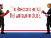 Illustration of Donald Trump and Alan Garber wearing boxing gloves, facing off beneath the quote: “The stakes are so high that we have no choice.”